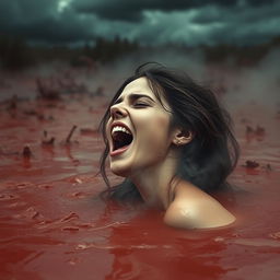 A beautiful young woman partially submerged in dark red muddy swamp that emits smoke