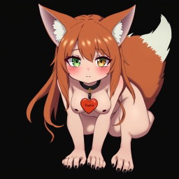A sexy fully naked gothic kitsune anime girl on her hands and knees, featuring a big bushy tail and long orange hair