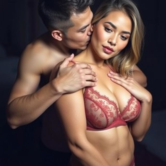 A 37-year-old Indonesian man with pure white skin is affectionately hugging a beautiful 28-year-old woman with a sturdy and sexy body from behind