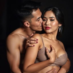 A 37-year-old Indonesian man with pure white skin is affectionately hugging a beautiful 28-year-old woman with a sturdy and sexy body from behind