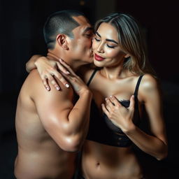 A 37-year-old Indonesian man with pure white skin is affectionately hugging a beautiful 28-year-old woman with a sturdy and sexy body from behind