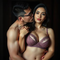 A 37-year-old Indonesian man with pure white skin is affectionately hugging a beautiful 28-year-old woman with a sturdy and sexy body from behind