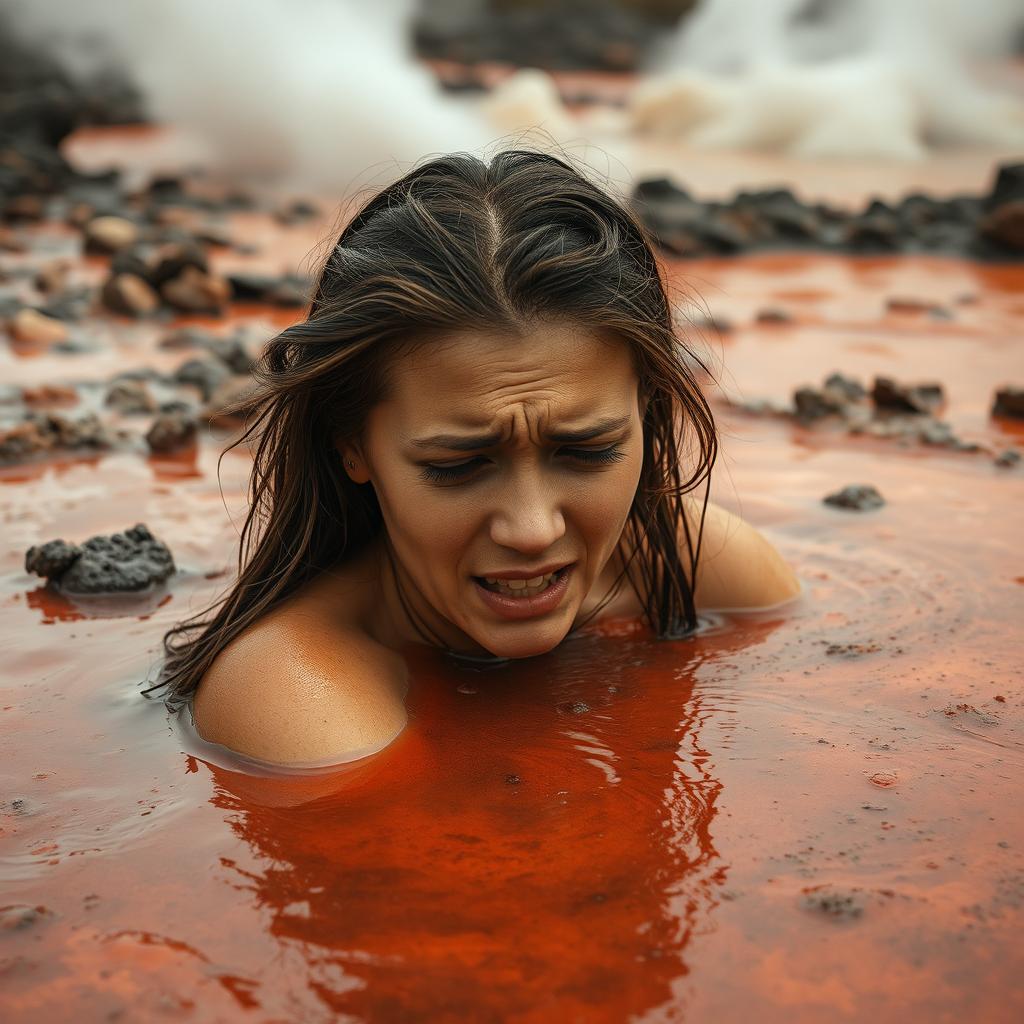 A young and beautiful woman half-submerged in hot, reddish-black mud that is steaming, expressing pain with a distressed expression on her face