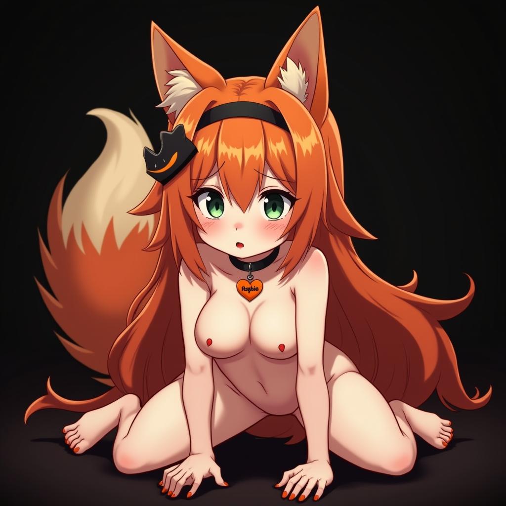 A sexy fully naked gothic kitsune anime girl on her hands and knees, featuring one big bushy tail and long orange hair