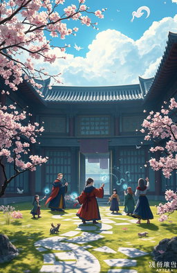 A captivating scene from a Korean soft fantasy novel depicting a grand magic academy filled with wizards and magical creatures