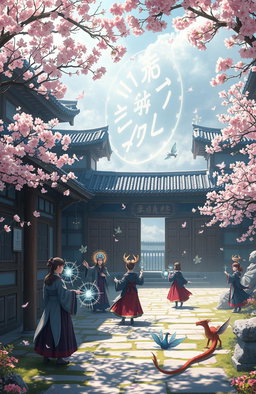 A captivating scene from a Korean soft fantasy novel depicting a grand magic academy filled with wizards and magical creatures