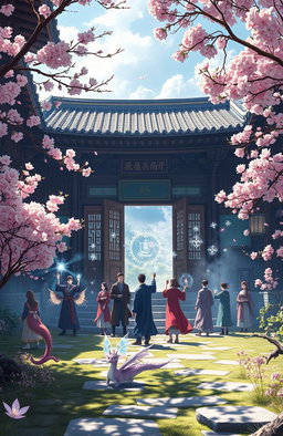 A captivating scene from a Korean soft fantasy novel depicting a grand magic academy filled with wizards and magical creatures