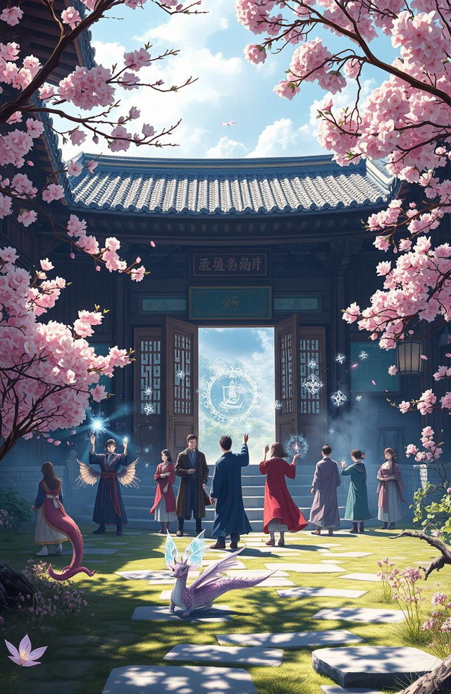 A captivating scene from a Korean soft fantasy novel depicting a grand magic academy filled with wizards and magical creatures