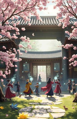 A captivating scene from a Korean soft fantasy novel depicting a grand magic academy filled with wizards and magical creatures
