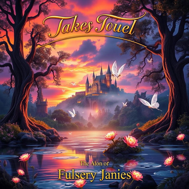 A captivating book cover design featuring an enchanting fantasy landscape