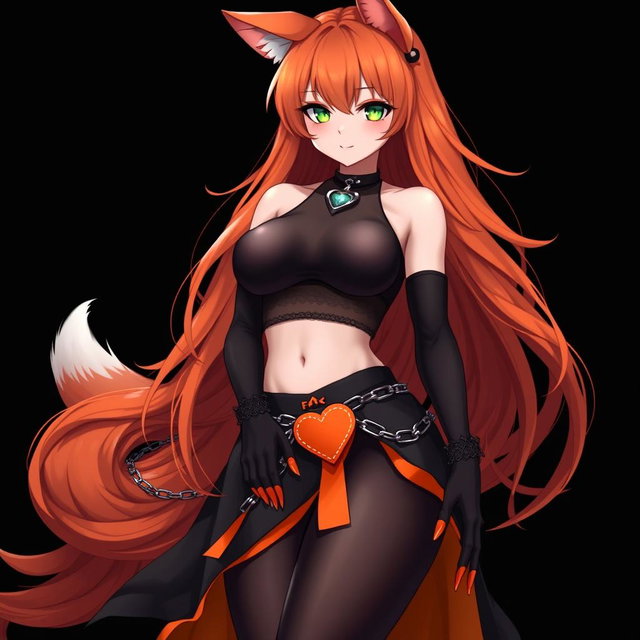 A realistic, sexy gothic anime kitsune girl with a flustered face featuring a cute blush