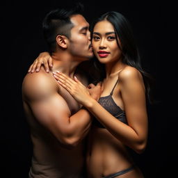A 37-year-old Indonesian man with pure white skin is affectionately hugging a beautiful 28-year-old woman with a sturdy and sexy body from behind, blending warmth and a hint of intimidation
