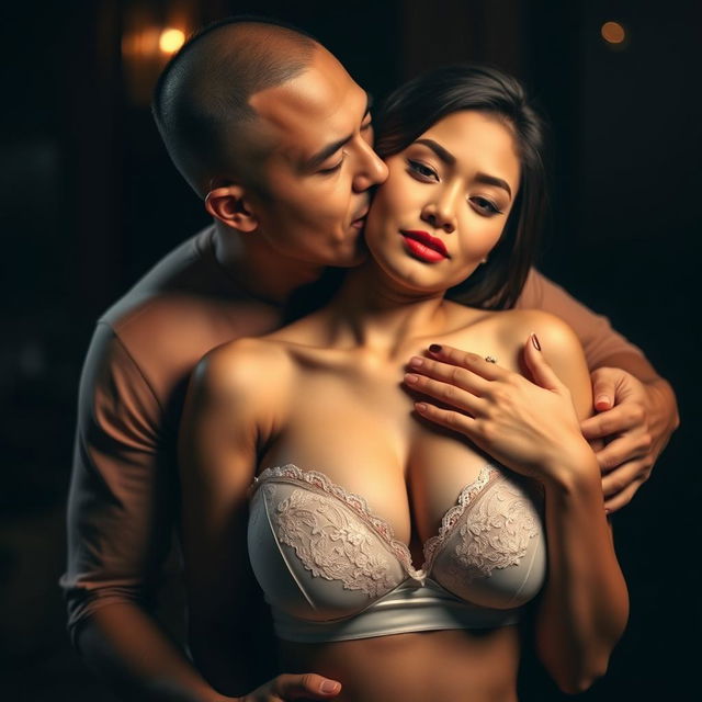 A 37-year-old Indonesian man with pure white skin is affectionately hugging a beautiful 28-year-old woman with a sturdy and sexy body from behind, blending warmth and a hint of intimidation