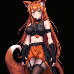 A realistic and sexy gothic anime kitsune girl with a flustered expression, rosy blush on her cheeks, and long, flowing orange hair cascading down to her lower back