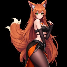 A realistic and sexy gothic anime kitsune girl with a flustered expression, rosy blush on her cheeks, and long, flowing orange hair cascading down to her lower back