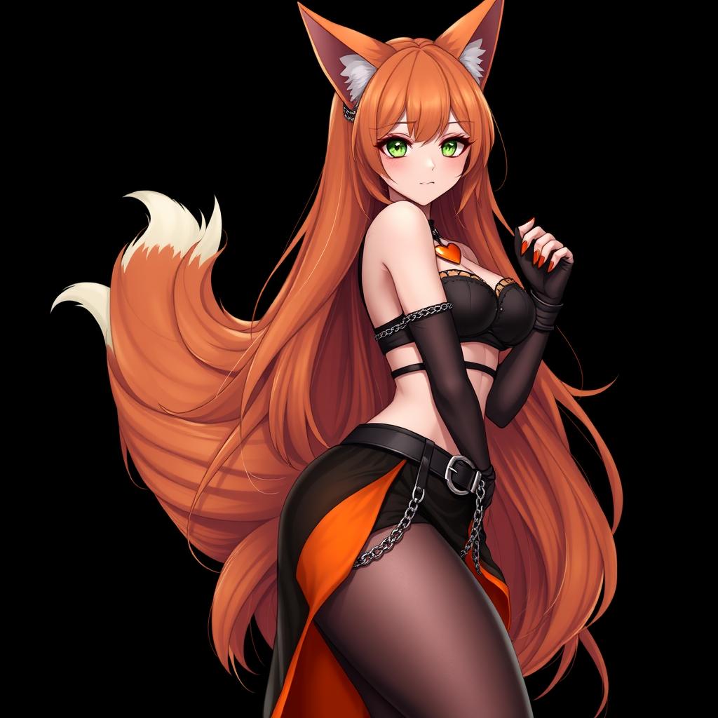 A realistic and sexy gothic anime kitsune girl with a flustered expression, rosy blush on her cheeks, and long, flowing orange hair cascading down to her lower back