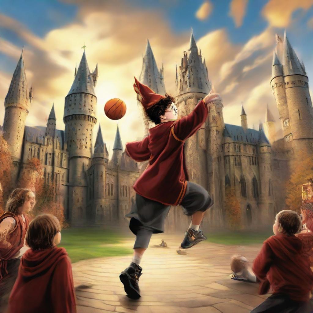 Harry Potter, donned in Gryffindor attire, casting magic spells while skillfully playing basketball against a backdrop of Hogwarts castle.