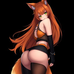 A realistic and sexy gothic anime kitsune girl with a flustered expression, rosy blush on her cheeks, and long, flowing orange hair cascading down to her lower back