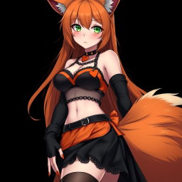 A realistic and sexy gothic anime kitsune girl with a flustered expression, rosy blush on her cheeks, and long, flowing orange hair cascading down to her lower back