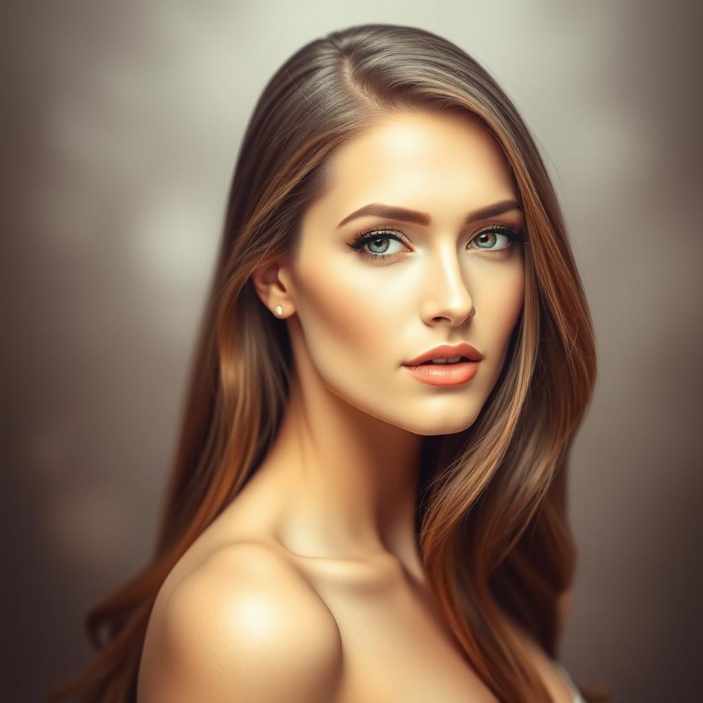 A stunning beautiful woman with long brown hair, elegantly styled, exuding charm and grace