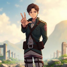 Levi Ackerman, a fictional character from the anime Attack on Titan, forming the Korean heart gesture with his fingers