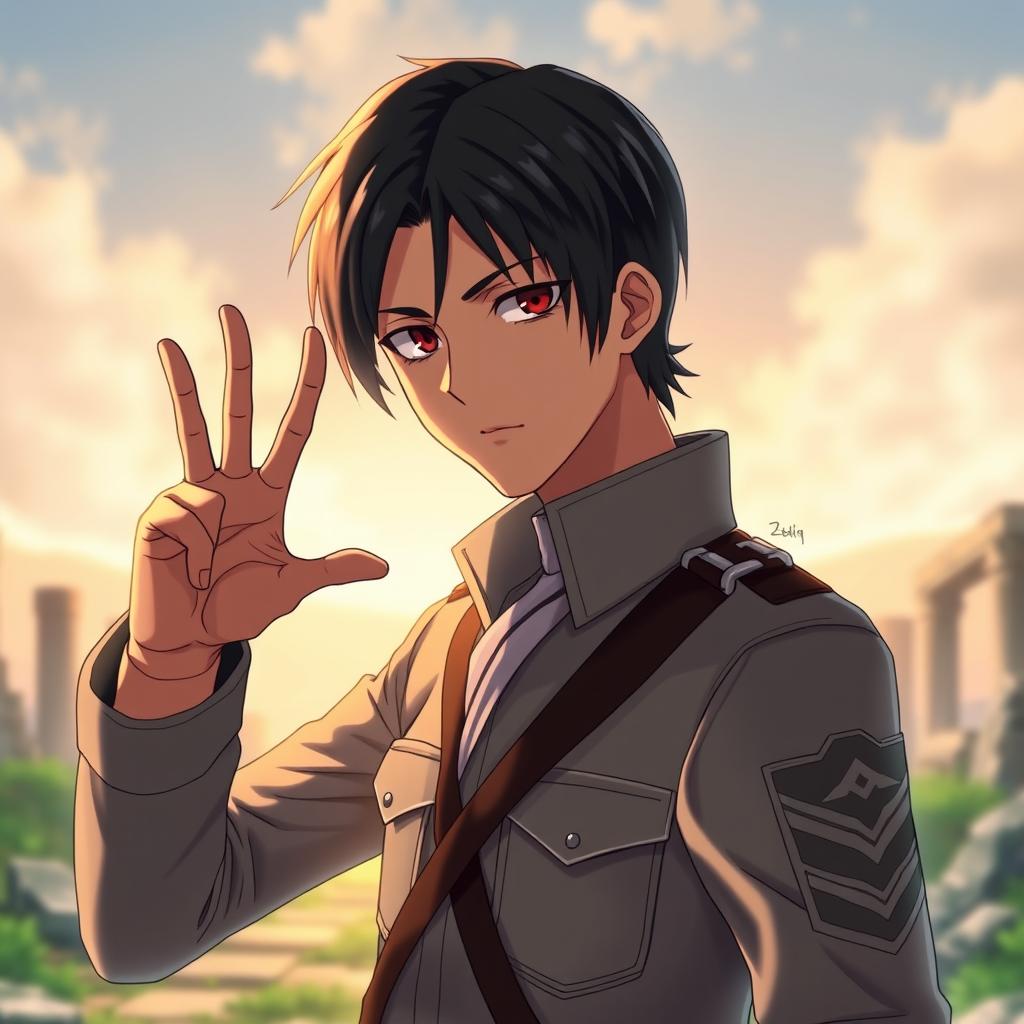 Levi Ackerman, a fictional character from the anime Attack on Titan, forming the Korean heart gesture with his fingers