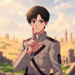 Levi Ackerman, a fictional character from the anime Attack on Titan, forming the Korean heart gesture with his fingers