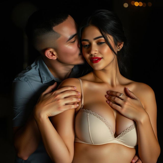A 37-year-old Indonesian man with pure white skin is affectionately hugging a beautiful 28-year-old woman with a sturdy and sexy body from behind