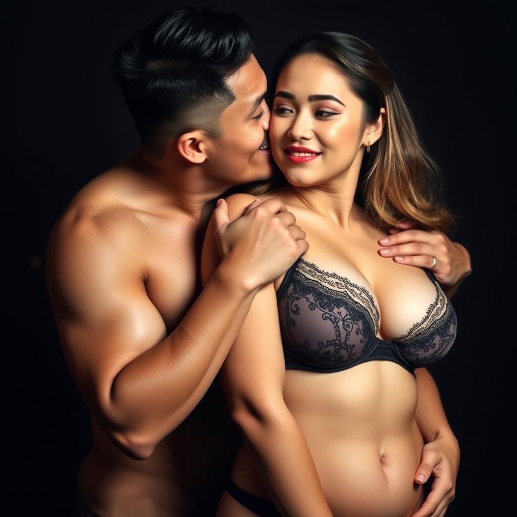 A 37-year-old Indonesian man with pure white skin is affectionately hugging a beautiful 28-year-old woman with a sturdy and sexy body from behind