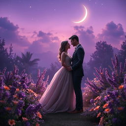A dreamy and romantic scene set in a magical garden during the night