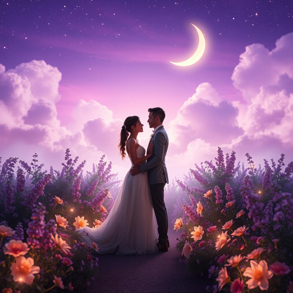 A dreamy and romantic scene set in a magical garden during the night