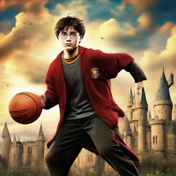 Harry Potter, donned in Gryffindor attire, casting magic spells while skillfully playing basketball against a backdrop of Hogwarts castle.