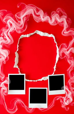 A creatively designed frame featuring a central ripped area where a picture can be inserted, surrounded by a vibrant red background with swirling smoke effects