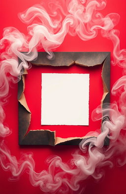 A creatively designed frame featuring a central ripped area where a picture can be inserted, surrounded by a vibrant red background with swirling smoke effects