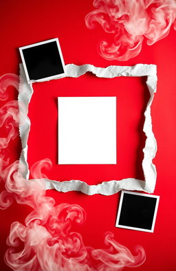 A creatively designed frame featuring a central ripped area where a picture can be inserted, surrounded by a vibrant red background with swirling smoke effects