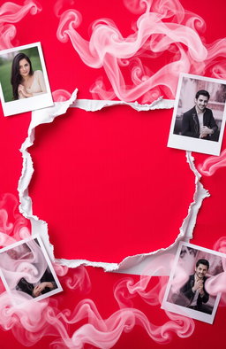 A creatively designed frame featuring a central ripped area where a picture can be inserted, surrounded by a vibrant red background with swirling smoke effects