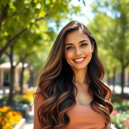 A portrait of a smiling woman with long, flowing hair, styled in soft waves