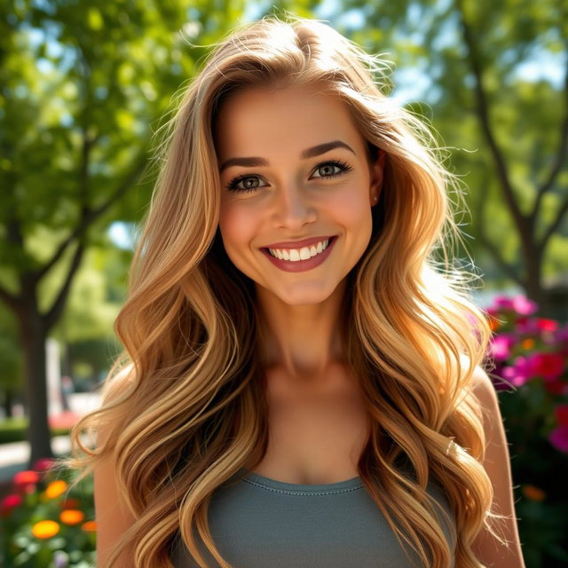 A portrait of a smiling woman with long, flowing hair, styled in soft waves