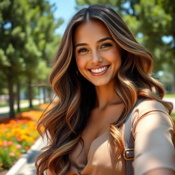 A portrait of a smiling woman with long, flowing hair, styled in soft waves