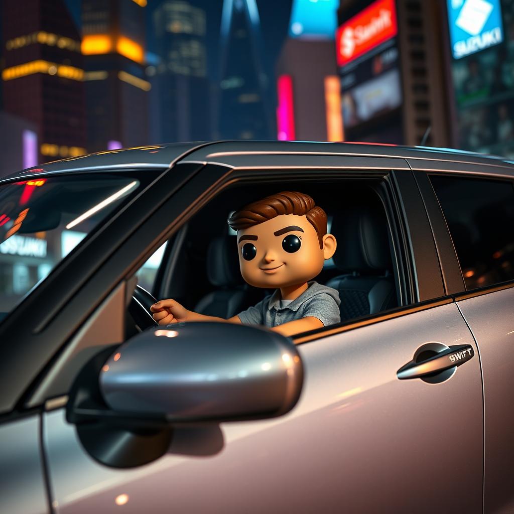 A young man, 25 years old, styled as a Funko Pop character, sitting inside a silver Suzuki Swift MT, a sporty car