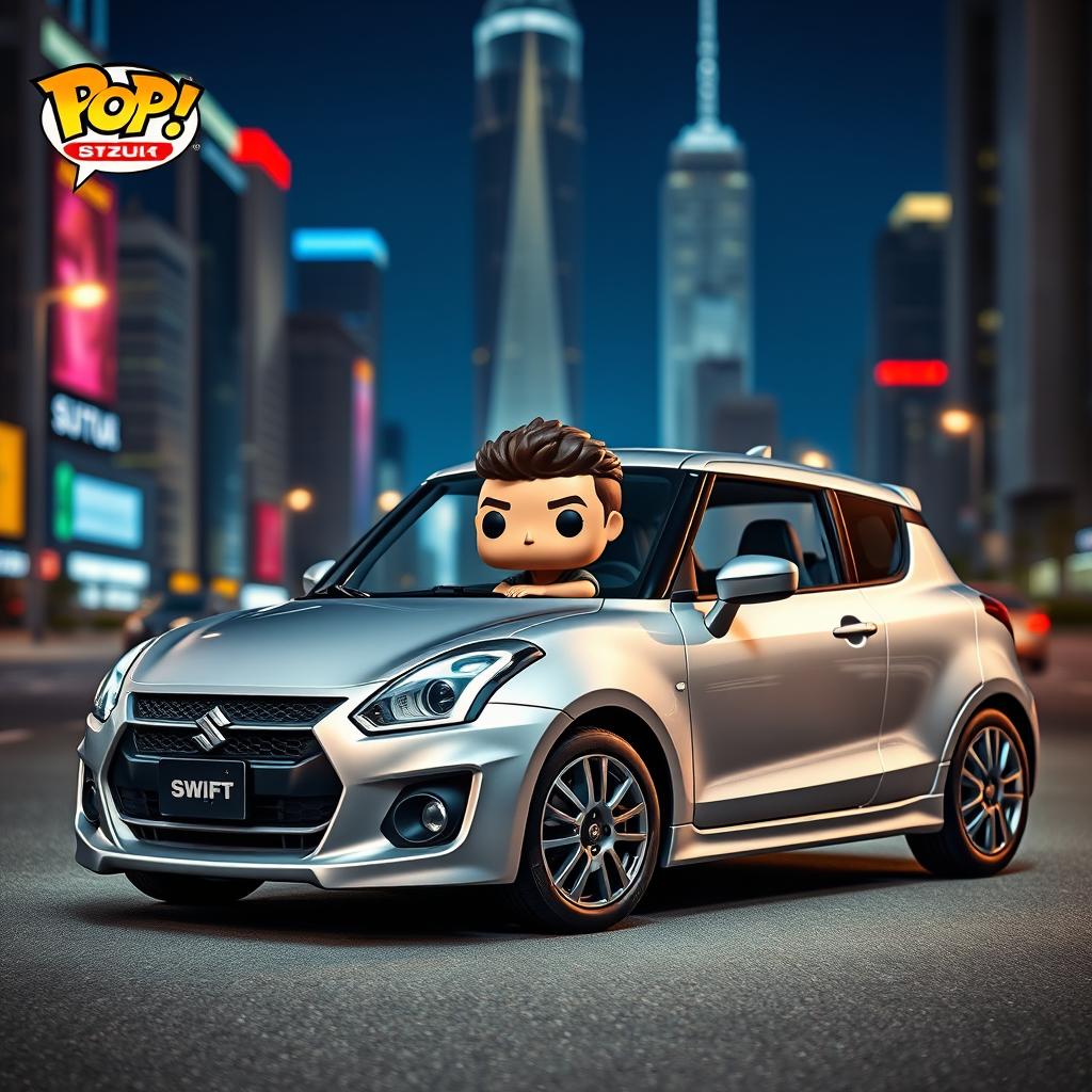 A realistic Funko Pop figure of a 25-year-old young man sitting in a silver Suzuki Swift sports car, parked at night in a vibrant city scene