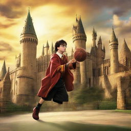 Harry Potter, donned in Gryffindor attire, casting magic spells while skillfully playing basketball against a backdrop of Hogwarts castle.