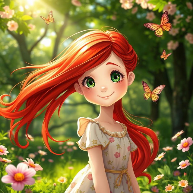 A beautiful red-haired girl with flowing, vibrant hair, standing in a lush green park surrounded by blooming flowers