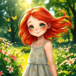 A beautiful red-haired girl with flowing, vibrant hair, standing in a lush green park surrounded by blooming flowers