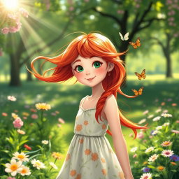 A beautiful red-haired girl with flowing, vibrant hair, standing in a lush green park surrounded by blooming flowers
