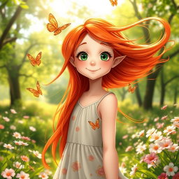 A beautiful red-haired girl with flowing, vibrant hair, standing in a lush green park surrounded by blooming flowers