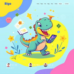 A vibrant and colorful background design featuring an animated dinosaur character inspired by the Bigo app, playfully interacting with various digital elements that symbolize user engagement and top performance