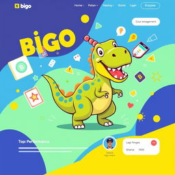 A vibrant and colorful background design featuring an animated dinosaur character inspired by the Bigo app, playfully interacting with various digital elements that symbolize user engagement and top performance