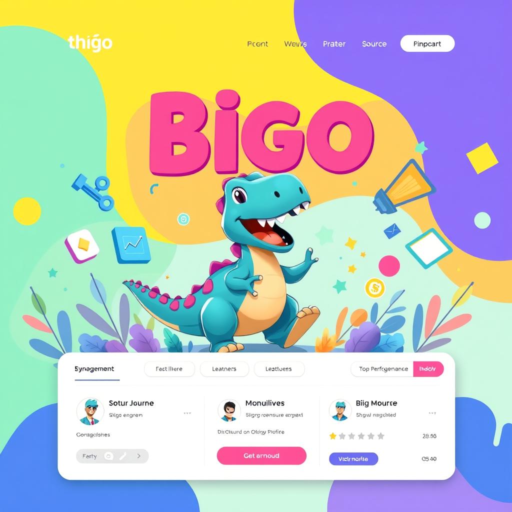 A vibrant and colorful background design featuring an animated dinosaur character inspired by the Bigo app, playfully interacting with various digital elements that symbolize user engagement and top performance