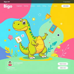 A vibrant and colorful background design featuring an animated dinosaur character inspired by the Bigo app, playfully interacting with various digital elements that symbolize user engagement and top performance